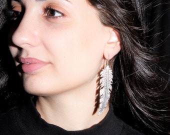 Feather Long Dangle 925 Sterling Silver Leaf Nature Earrings, Earlobe Handmade Big Boho Nature Inspired Earrings, Armenian Jewelry