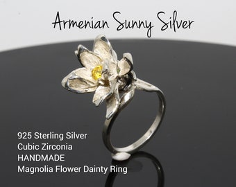 Magnolia Flower Ring 925 Sterling Silver Floral Dainty Handmade Jewelry, Yellow CZ Birthstone Bohemian Flower Blossom Armenian Jewelry