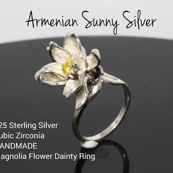 Magnolie Blume Ring 925 Sterling Silber Floral zierliche handgemachte Schmuck, Gelb CZ Birthstone Boho Blume Blüte armenischer Schmuck