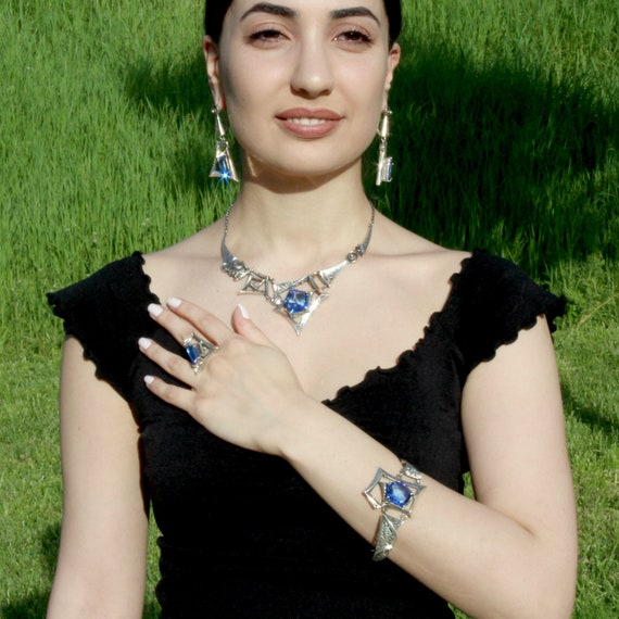 Sterling Silver Blue Glass Stone Jewelry Set Luxury Bohemian Etsy