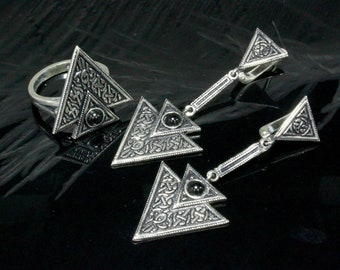 Sterling Silver Armenian Jewelry Set - Triangle Boho Style, Ethnic Style, Gemstones Jewelry, Armenian Gift, Dangle Earrings, Statement Ring