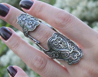 Full Finger Double Armor Knuckle Sterling Silver Boho Ring, Statement Bohemian Big Ring, Gift For Her Armenian Jewelry