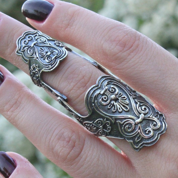 Full Finger Double Armor Knuckle Sterling Silver Boho Ring, Statement Bohemian Big Ring, Gift For Her Armenian Jewelry