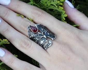 Sterling Silver Garnet Gemstone Boho Thumb Gothic Chunky Ring, 925 Statement Nature Art Deco Thick Armenian Jewelry