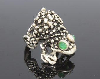 Art Deco Sterling Silver Frog Green Stone Unique Boho Ring, Boho Jewelry, Green Jade Large Silver Ring, Armenian