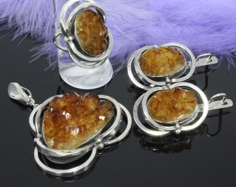 Silver RAW Citrine Crystal Gemstone Ring Earrings Necklace, Druzy Boho Chic Oval Trendy Sterling Armenian Jewelry