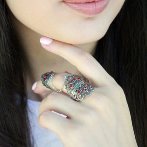 Silver Double Full Finger Red Zircons Adjustable Chain Boho Ring, Armenian Jewelry, Armenian Handmade Rings, Armenian Gifts 925 image 2