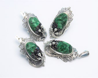 Raw Malachite Ring Earrings Pendant Sterling Silver Jewelry Set, Vintage Style Statement Necklace, Green Gemstone Armenian Jewelry