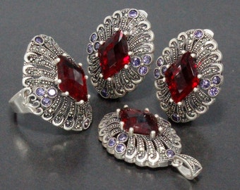 Marcasite Red CZ Rhombus Shiny Ring Earrings Cocktail Jewelry Set, 925 Sterling Silver Dainty Statement Homemade Evening Armenian Jewelry
