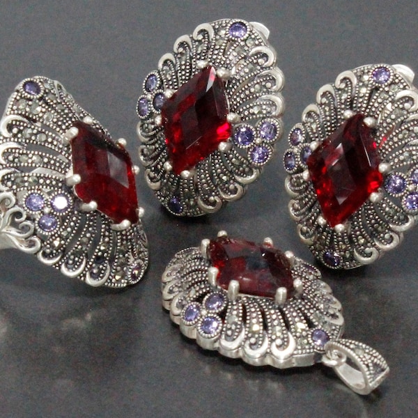 Marcasite Red CZ Rhombus Shiny Ring Earrings Cocktail Jewelry Set, 925 Sterling Silver Dainty Statement Homemade Evening Armenian Jewelry