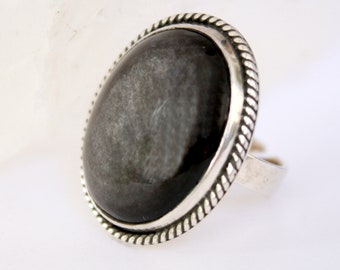 Sterling Silber Schwarzer Obsidian Stein Oval Verstellbarer Ring Schmuck, Statement Boho Boho Armenischer Ring