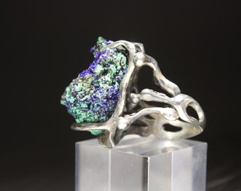 Sterling Silver Gemstone Raw Azurmalahite Ring -  Druzy Vintage Style 925 Silver Ring, Boho Chic Ring, Trendy Ring, Large Gemstone Ring