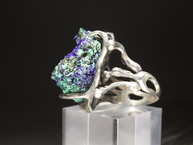 Sterling Silver Gemstone Raw Azurmalahite Ring Druzy Vintage Style 925 Silver Ring, Boho Chic Ring, Trendy Ring, Large Gemstone Ring image 1