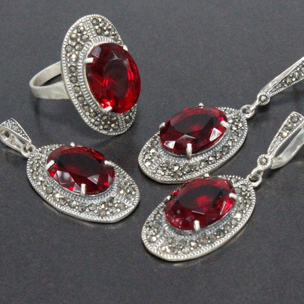 Sterling Silver Marcasite Red Oval Shiny Ring Dangle Earrings, 925 Sterling Silver Long Drop Evening Dainty Classic Armenian Jewelry Set