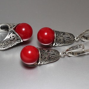 Elegant Unique Evening Red Coral Stone Bohemian Ring Earrings, 925 Sterling Silver Dangle Drop Long Earrings, Statement Armenian Jewelry Set