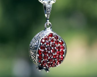 Pomegranate Necklace - Silver Persephone Pendant, Persephone Amulet, Armenian Pomegranate 925 Silver, Red Zircon Pomegranate Pendant