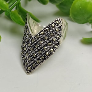 Markasit Dreieck Ring Lange Ohrringe Sterling Silber, Glänzende Abend Tropfen Ohrringe, Florale Verzierung Zierlicher Ring, Armenischer Schmuck Ring