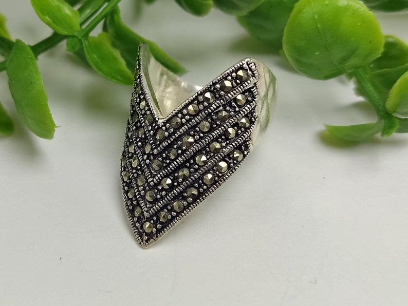 Markasit Dreieck Ring Lange Ohrringe Sterling Silber, Glänzende Abend Tropfen Ohrringe, Florale Verzierung Zierlicher Ring, Armenischer Schmuck Ring