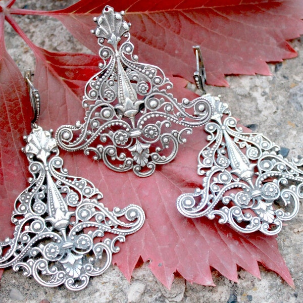 Sterling Silver Art Deco Ring Chandelier Earrings Jewelry Set, Boho Art Deco Dangly Earrings, Dome Statement Bohemian Indian Style Jewelry