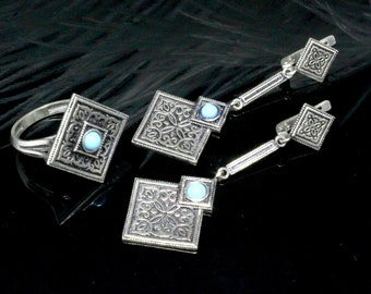 Turquoise Silver Armenian Ethnic Ring Earrings Boho Jewelry Set, Sterling Silver Ornament Dangle Bar Rhombus Earrings, Dainty Stone Ring