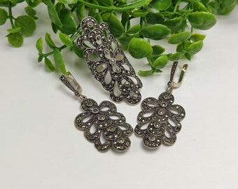 Marcasite Full Finger Ring Long Dangle Earrings Sterling Silver, Shiny Evening Drop Earrings, Floral Ornament Dainty Ring, Armenian Jewelry