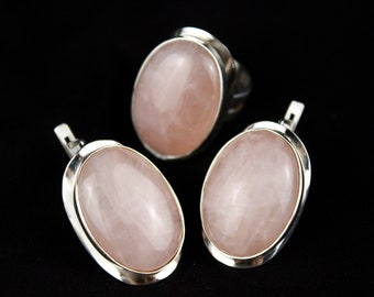 Rose Quartz Sterling Silver Ring Earrings Classic Jewelry Set, Minimalist Oval Pink Gemstone Adjustable Ring Statement Armenian Jewelry