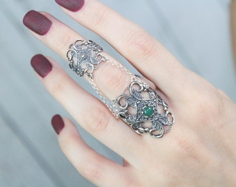 Ethno Double Ring, Agate Silver Full Finger Ring, Filigree Double Ring, Adjustable Large Ring