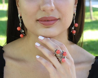 Silver Coral Stone Dangling Earrings Unique Adjustable Ring Armenian Sterling Silver Jewelry