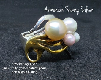 Pearl Gemstone 925 Sterling SIlver Ring Boho Chik Bohemian Jewelry, Gold Plated Vintage Style Handmade Nature Armenian Jewelry