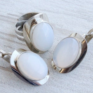 Sterling Silver Moonstone Ring Earrings Classic Jewelry Set, Oval Statement Handmade Adjustable Gemstone Womens Mothers Day Gift, Armenian image 8