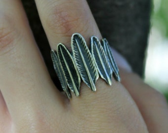 Angel Feather Sterling Silver Thumb Boho Band Statement Ring, Art Deco Armenian Minimalist Rings