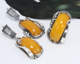 Baltic Amber Cabochon 925 Silver Oval Dangle Earrings Big Ring Jewelry Set, Sterling Silver Yellow Gemstone Armenian Handmade Jewelry