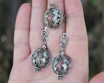 Pomegranate Silver Persephone Ring Earrings Pendant, Persephone Amulet, Armenian Pomegranate 925 Silver, Silver Garnet Fruit Earrings