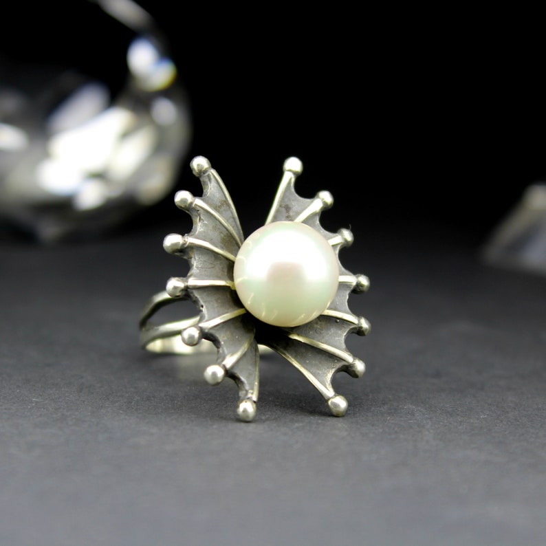 Gift For Her Boho Ring Wing Pearl Ring Coctail Ring Armenian Silver Ring Sterling Silver Pearl Statement Ring