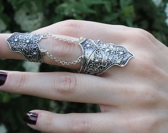 Armor Double Ring Full Finger Adjustable Ring Sterling Silver, Big Boho Bohemian Everyday Ethnic Steampunk Armenian Jewelry