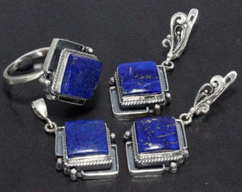 Elegant Blue Lapis Lazuli Ring Earrings Pendant Sterling Silver, Everyday Business Look Square Dainty Adjustable Dangle Necklace Jewelry Set