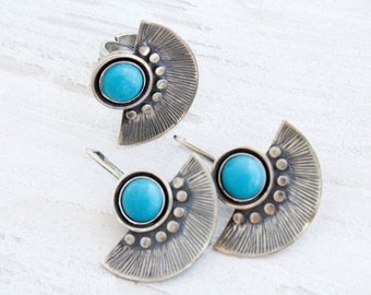 Sterling Silver Turquoise Ring, Turquoise Earrings, Unique Design Gemstone Jewelry Set, Armenian Jewelry, Adjustable Ring, Dangle Earrings