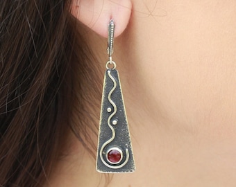 925 Silver Long Dangle Boho Garnet Turquoise Stone Earrings, Unique Handmade Gemstone Earrings, Gift For Her Statement Armenian Jewelry