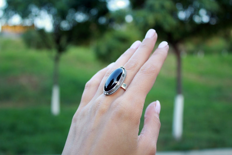 Black Obsidian Gemstone 925 Silver Large Ring Adjustable | Etsy