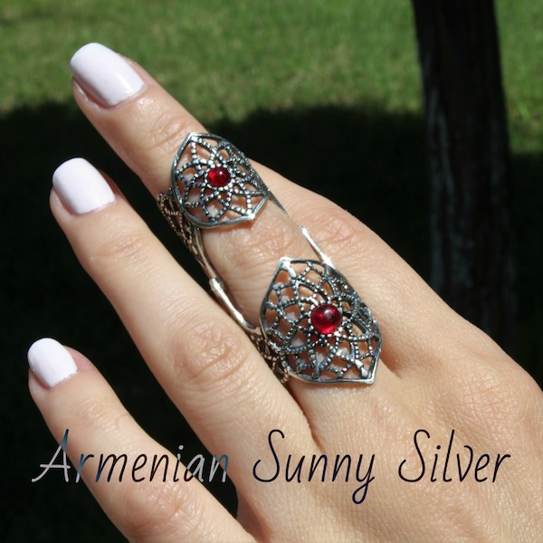 Sterling Silver Full Finger Armenian Ornament Ring, Double ring, Statement ring, Large ring, Knuckles ring, Persephone Silver Ring