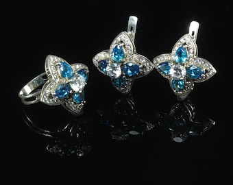 Blue CZ Floral Ring Earrings Sterling Silver, Dainty Sparkling Romantic Handmade Gemstone Woman Jewelry Set, Armenian Jewelry