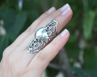 Sterling Silver Ornament Full Finger Ring - Double ring, Statement ring, Large ring, Knuckles ring, Still Silver Ring, Double Ring, Armenian