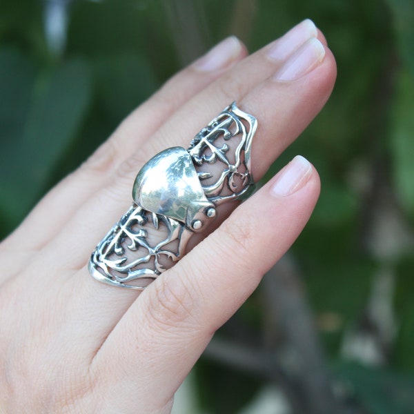 Sterling Silver Ornament Full Finger Ring - Double ring, Statement ring, Large ring, Knuckles ring, Still Silver Ring, Double Ring, Armenian