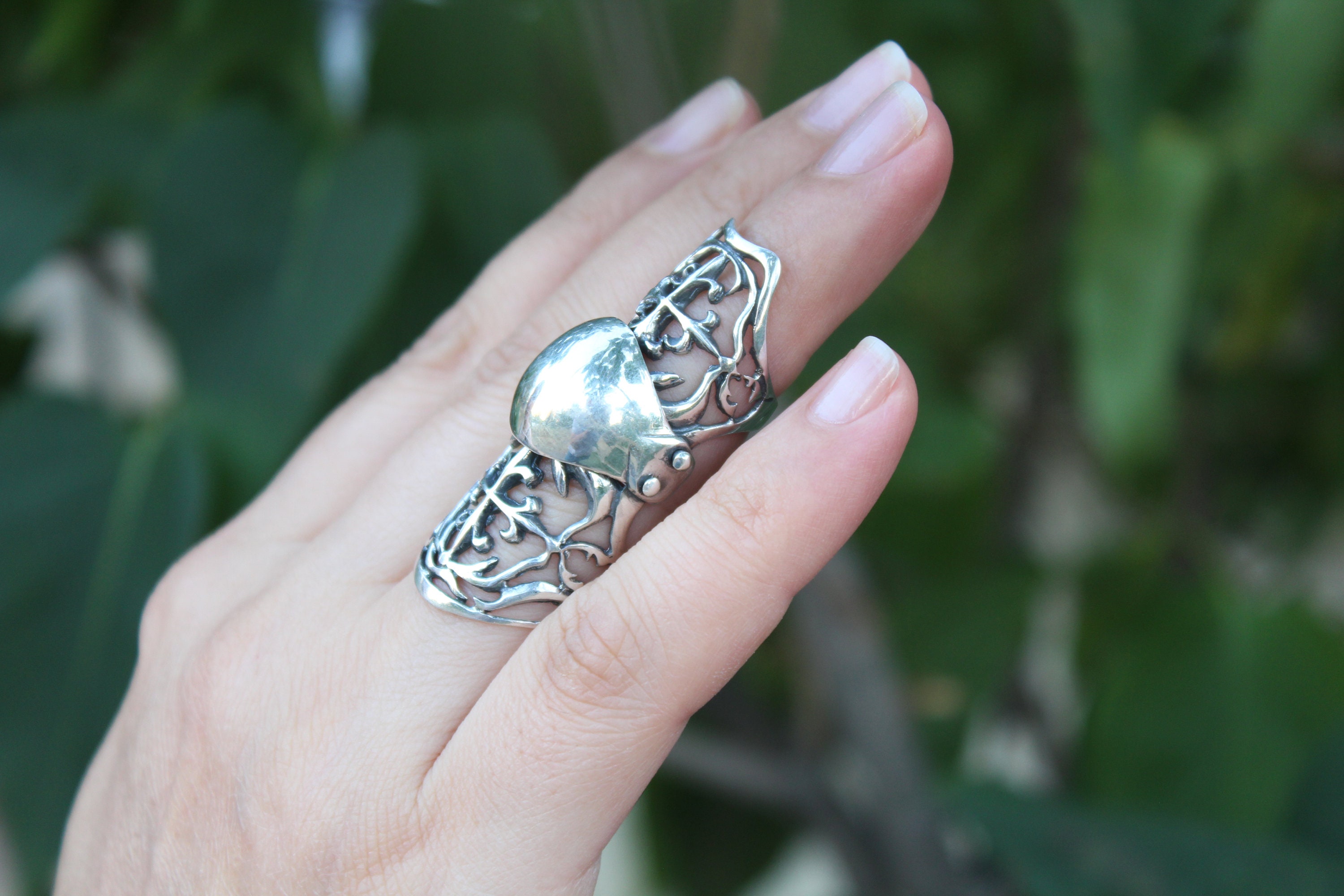 Sterling Silver Ornament Full Finger Ring - Double Ring, Statement 