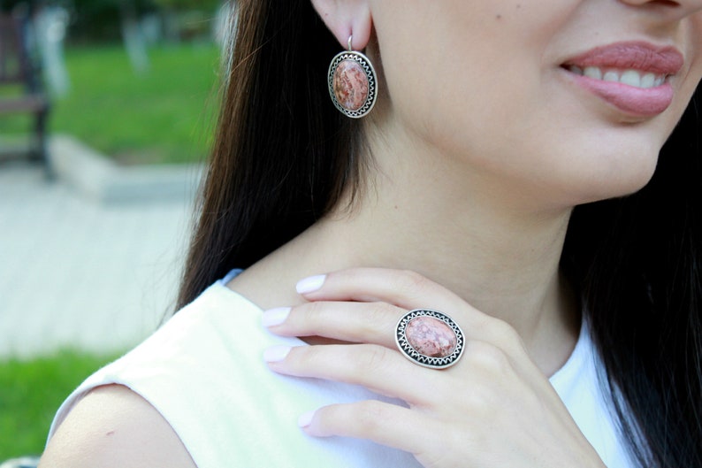 Sunny Silver Healing Gemstones Agate Jewelry Agate Cabochon Plume Mexican Agate Sterling Silver Ring Earrings Agate Stone Jewelry