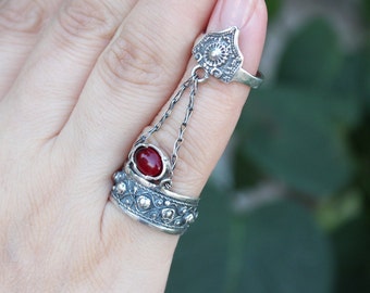 Sterling Silver Ethnic Ornament Red Garnet Double Ring  - Chains Double Ring, Armenian Silver Ring, Silver Double Ring, Gift For Armenians