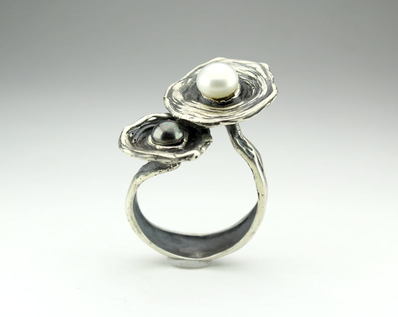 Pearl Statement Ring Handmade Silver Pearl Set Open Solid Silver Pearl Earrings White /& Black Pearl Silver Set Alternative Ring