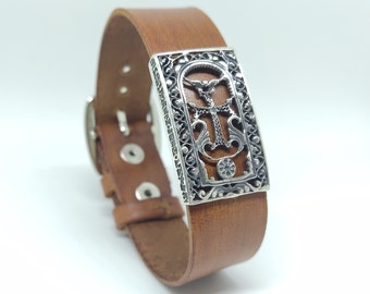 Mens Sterling Silver Leather Gift For Him Cuff Bracelet, Armenian Jewelry Men's Bracelet, Men Statement Jewelry