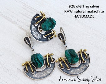 Sterling Silver Ring Earrings RAW Malachite Gemstone Boho Jewelry Set, Big Dangle Woman Earrings, Unique Adjustable Rings, Armenian Jewelry