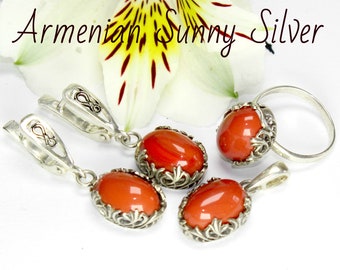 Boucles d'oreilles pendantes en argent corail, bague et pendentif - Ensemble de bijoux délicats en argent sterling, bijoux en corail rouge, cadeau pour elle, argent arménien